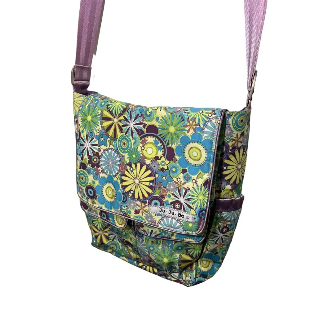 JU JU BE LARGE LAVENDER & GREEN FLORAL DIAPER CARRY BAG